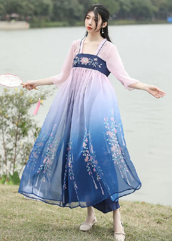Loose Blue Embroideried Wrinkled Patchwork Chiffon Long Dresses Summer Crew Neckline Casual