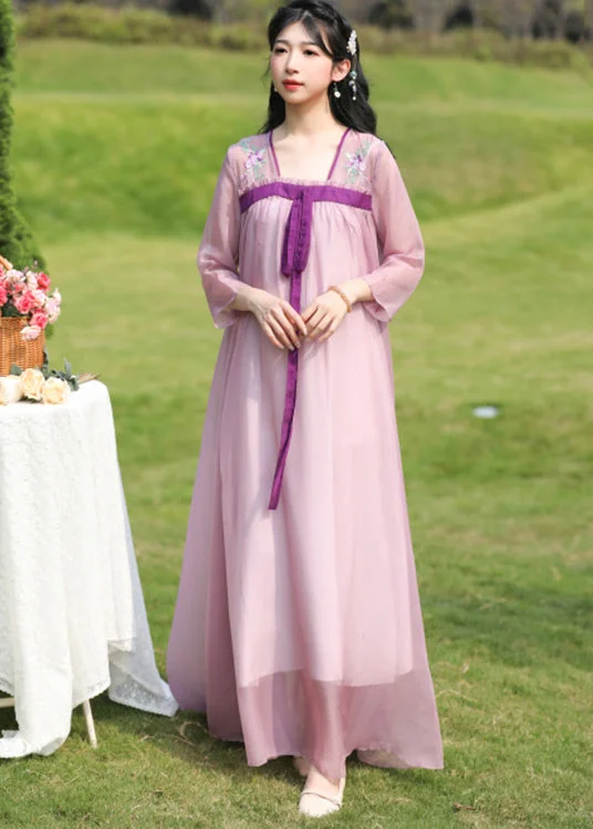 Loose Purple Embroideried Wrinkled Patchwork Chiffon Long Dresses Summer Tunics Luxurious premium Loose Purple Embroideried Wrinkled Patchwork Chiffon Long Dresses Summer Tunics Luxurious premium