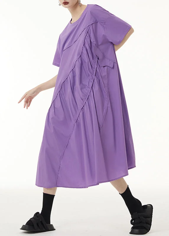 Loose Purple O-Neck Wrinkled Patchwork Cotton Long Dress Short Sleeve Elegant Long Evening Loose Purple O-Neck Wrinkled Patchwork Cotton Long Dress Short Sleeve Elegant Long Evening
