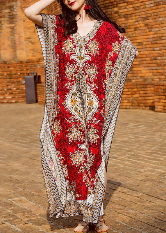 Loose Red V Neck Print Side Open Patchwork Chiffon Long Dresses Summer Pencil Office Professional