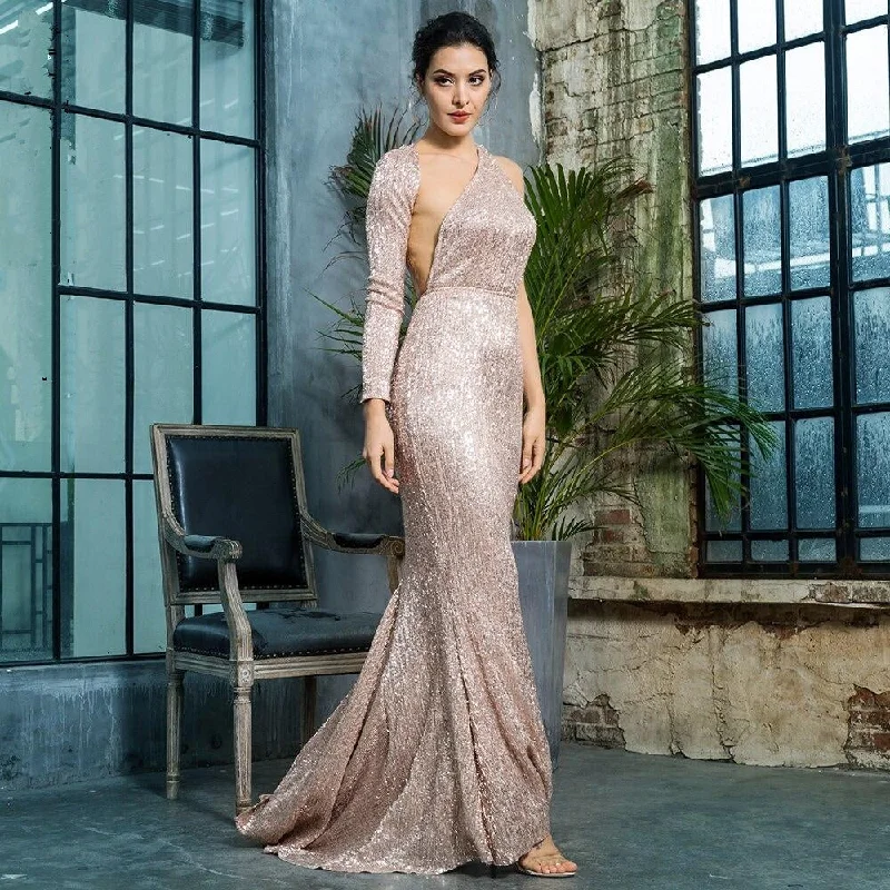 Rose Gold Open Back Separate Sleeve Elastic Sequins Long Dress LM81333-1GOLD Tunics Exclusive limited