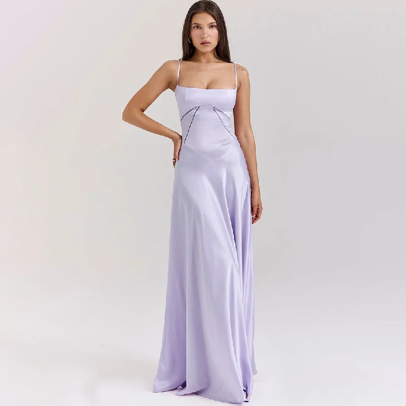 Luxury Scoop Neck Lace Up Back Drop Waist Satin Slip Maxi Formal Dress Tunics Formal black