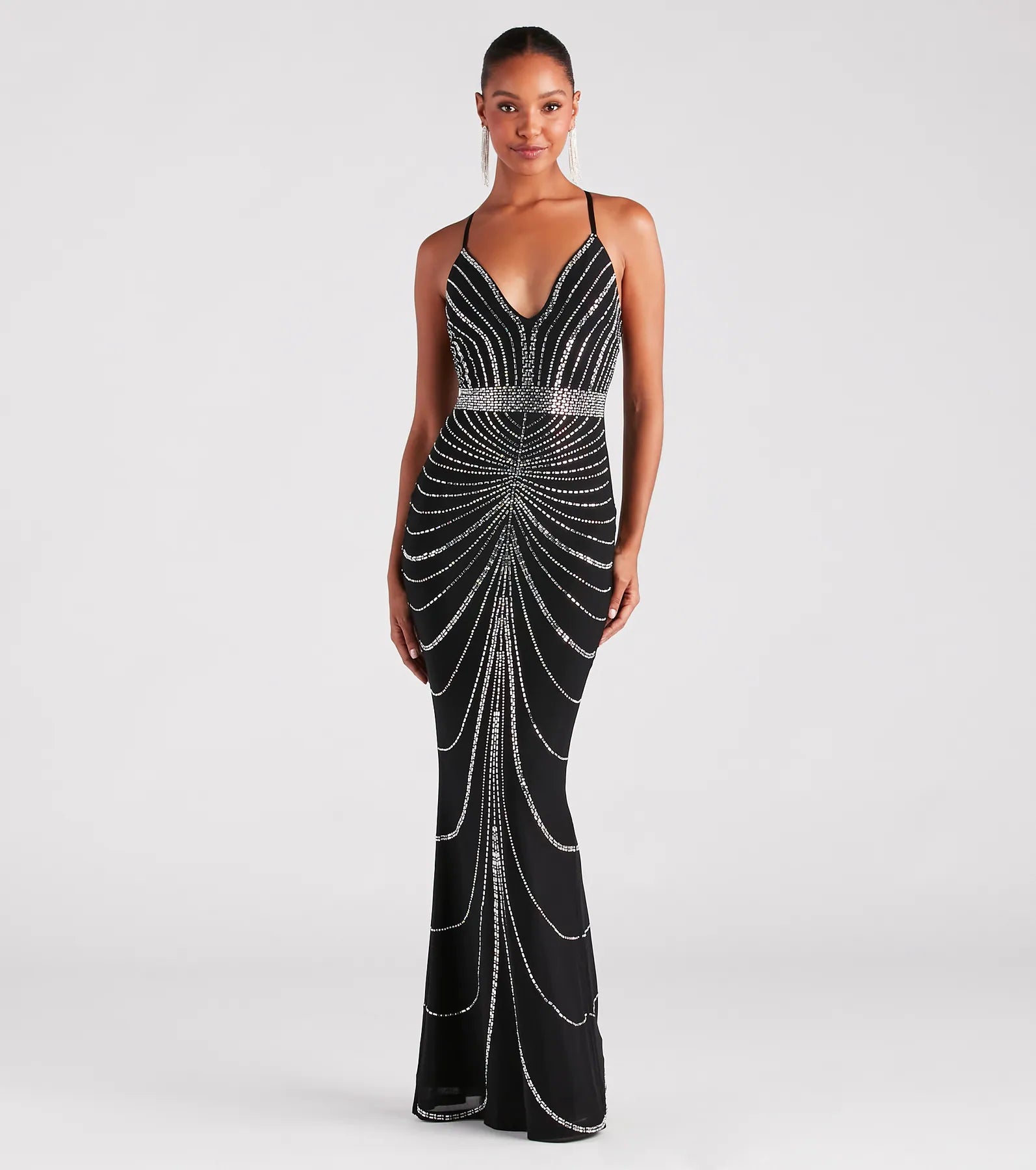 Maisyn Formal Rhinestone V-Neck Long Dress Tunics Luxurious high-end