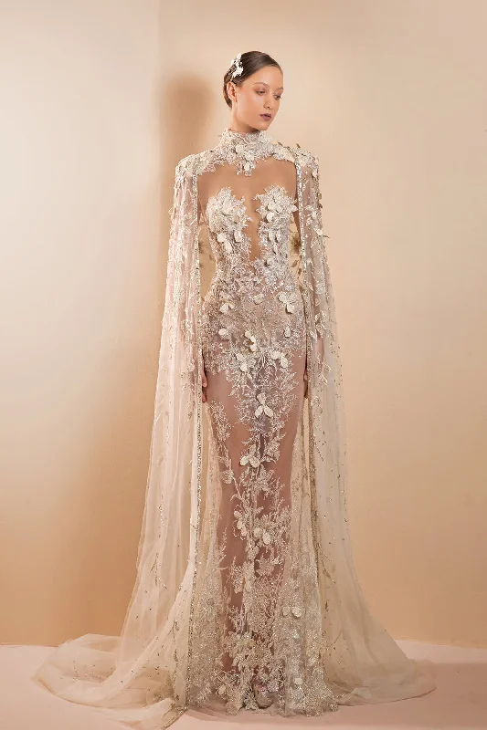 Mermaid embroidered dentelle dress with cape Tunics Sophisticated sleek