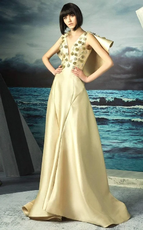 MNM Couture - G0825 Illusion Plunging Gown with Ruffled Cape Tunics Chinos classic