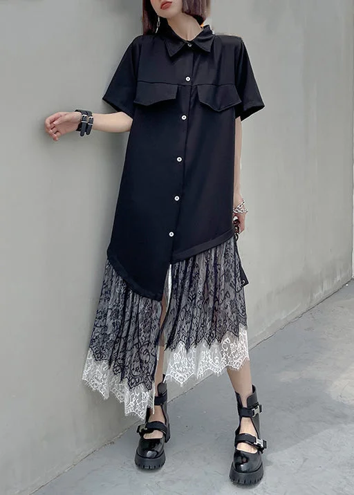 New Black Asymmetrical Button Lace Patchwork Shirts Long Dresses Summer Tunics Modern contemporary New Black Asymmetrical Button Lace Patchwork Shirts Long Dresses Summer Tunics Modern contemporary