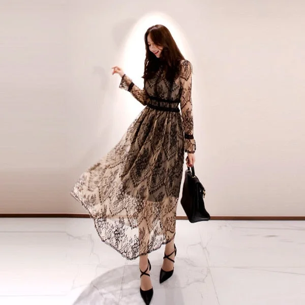 Flare Sleeve Eyelash Lace High Elastic Waist Vintage Long Dress Tunics Fall fleece