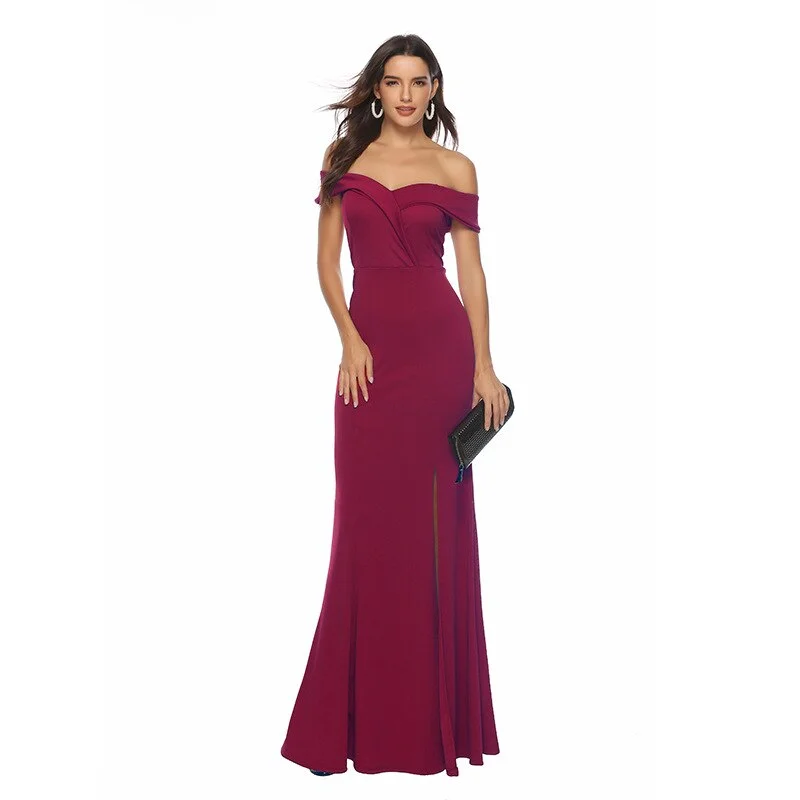 One-Shoulder V-Neck Solid Color Mopping Long Dresses Tunics Silk luxurious