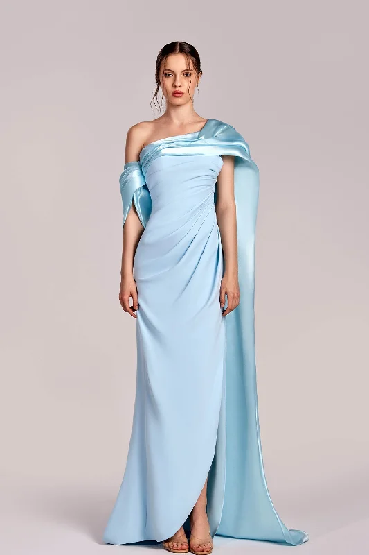 Off shoulder crepe dress with cape Pencil Office Professional