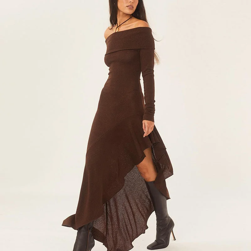 Off-shoulder irregular ruffled slim long dress Tunics Solid Classic