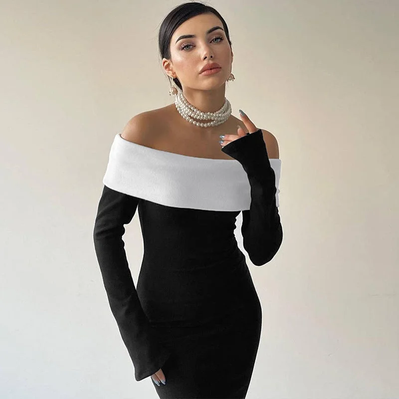 Off-shoulder long-sleeved long dress Shift Classic Vintage