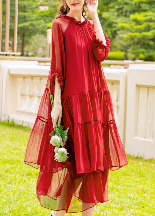 Organic Red Ruffled Patchwork Silk Long Dress Summer Turtleneck Warm Winter