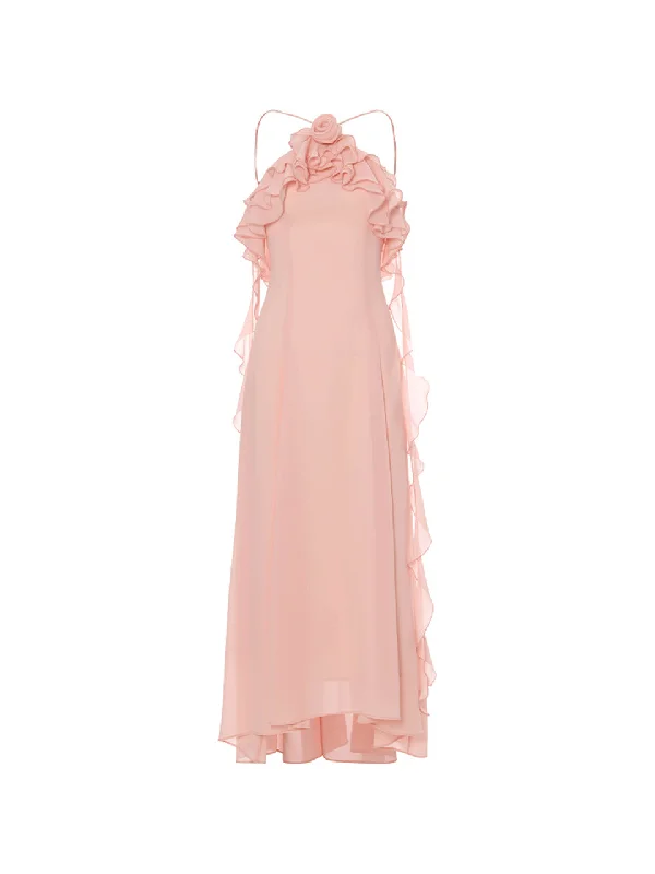 Pink rosette long dress Tunics Versatile all-occasion