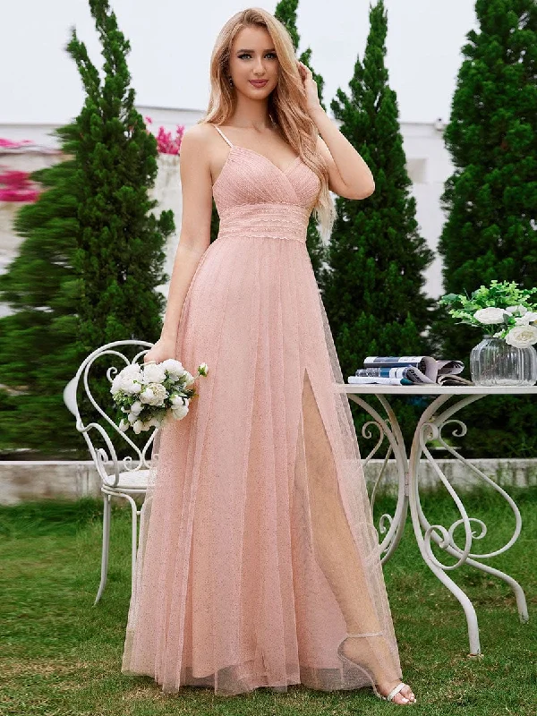 Pleated Lace Pearl Waist High Slit Bridesmaid Dress with V-Neck Tunics New arrival