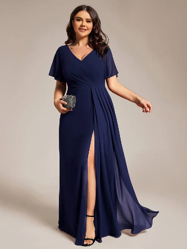 Plus Size High Slit V-Neck Empire Waist Chiffon Bridesmaid Dress Boatneck Modish Everyday Plus Size High Slit V-Neck Empire Waist Chiffon Bridesmaid Dress Boatneck Modish Everyday