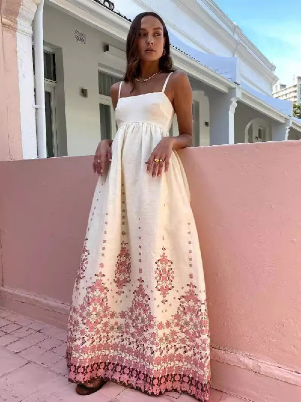 Printed Cotton Linen Long Dress Tunics Plaid country