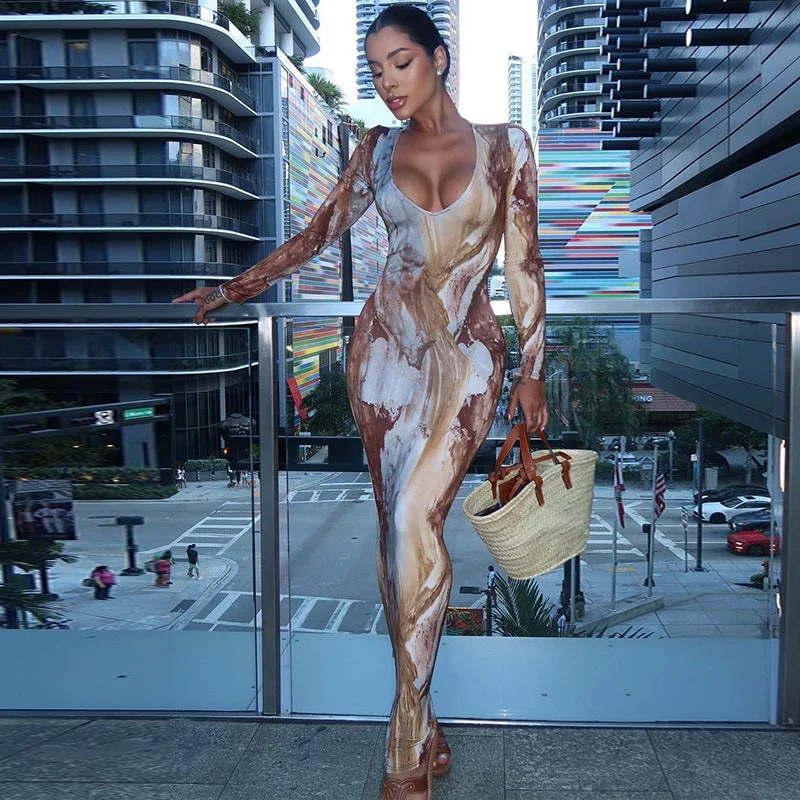 printed sexy V-neck slim long dress Tunics Luxurious high-end
