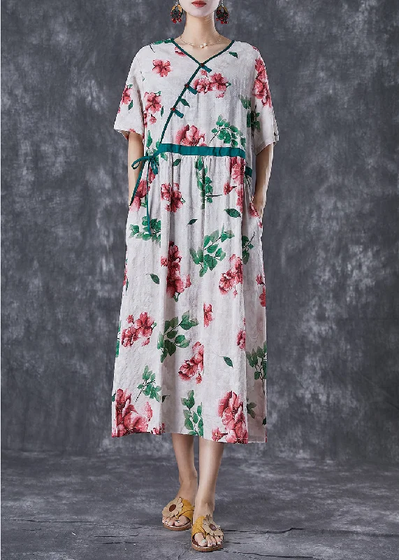 Red Print Linen Silk Long Dress V Neck Cinched Summer Tunics Canvas sturdy