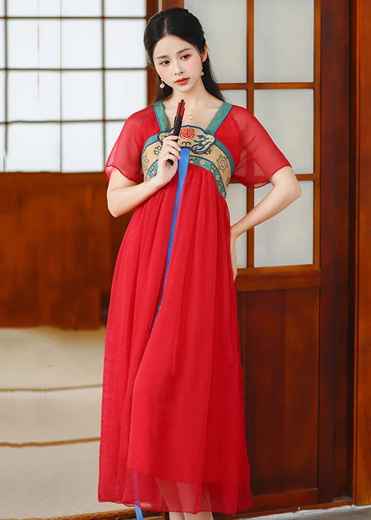 Red Wrinkled Patchwork Chiffon Long Dress Embroideried Short Sleeve Tunics Print Colorful Red Wrinkled Patchwork Chiffon Long Dress Embroideried Short Sleeve Tunics Print Colorful