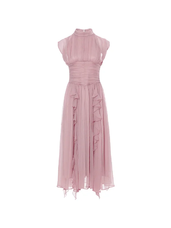 Rosy pink shirring long dress Maxi Flowy Bohemian