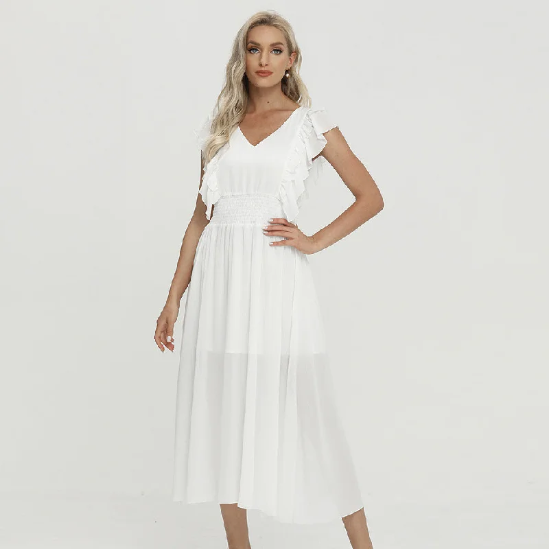 Ruffled V-neck Sleeveless Elegant Waist Dress Women Summer New Holiday Long Dress Ruffle Sleeveless Pencil Office Professional Ruffled V-neck Sleeveless Elegant Waist Dress Women Summer New Holiday Long Dress Ruffle Sleeveless Pencil Office Professional
