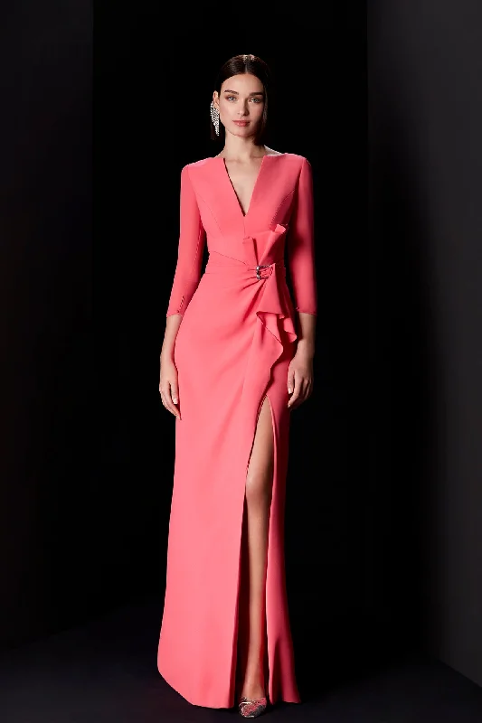 Ruffled waistline high slit crepe dress Tunics Review highly