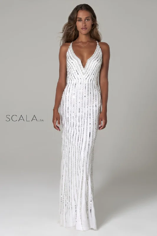 SCALA -60102 Beaded Halter V-Neck Long Dress Tunics Distressed trendy