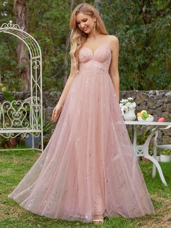Sequined V-neck Tulle Bridesmaid Dress with empire waist sweetheart Neckline Romantic