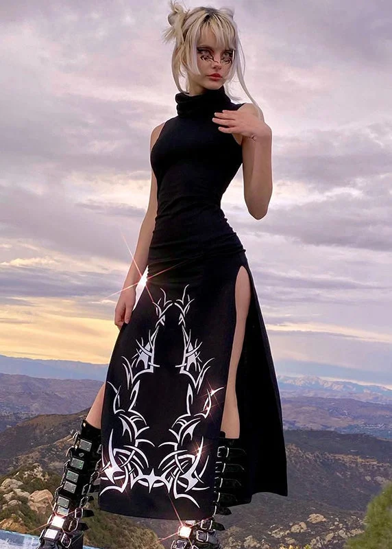 Sexy Black Turtleneck Print Side Open Cotton Robe Long Dresses Sleeveless Tunics Stylish modern Sexy Black Turtleneck Print Side Open Cotton Robe Long Dresses Sleeveless Tunics Stylish modern