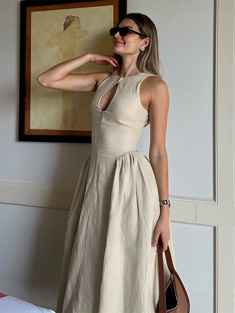 Sexy Hollow Out Solid Long Dress For Women Elegant O Neck Cut Out Zipper Sleeveless Maxi Vestidos Summer Lady Street Robes Tunics Chic fashionable