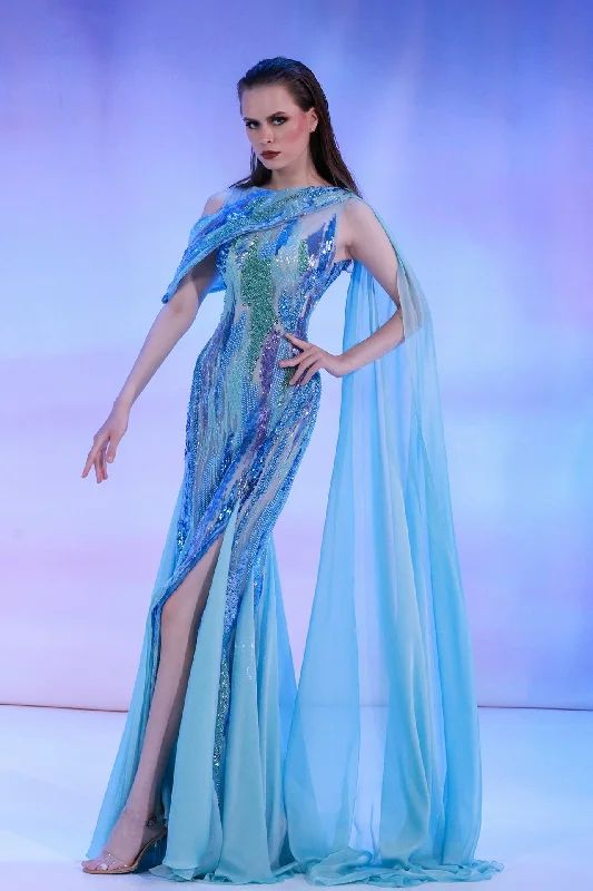 Side slit beaded gown with cape Tunics Fall fleece