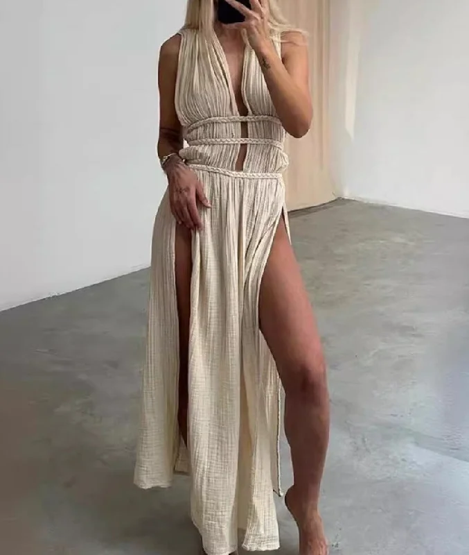 Braided Belt Hollow Slit Long dress Tunics Trendy modern