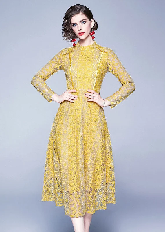 Slim Fit Yellow Stand Collar Hollow Out Patchwork Lace Long Dresses Fall Tunics Designer luxury