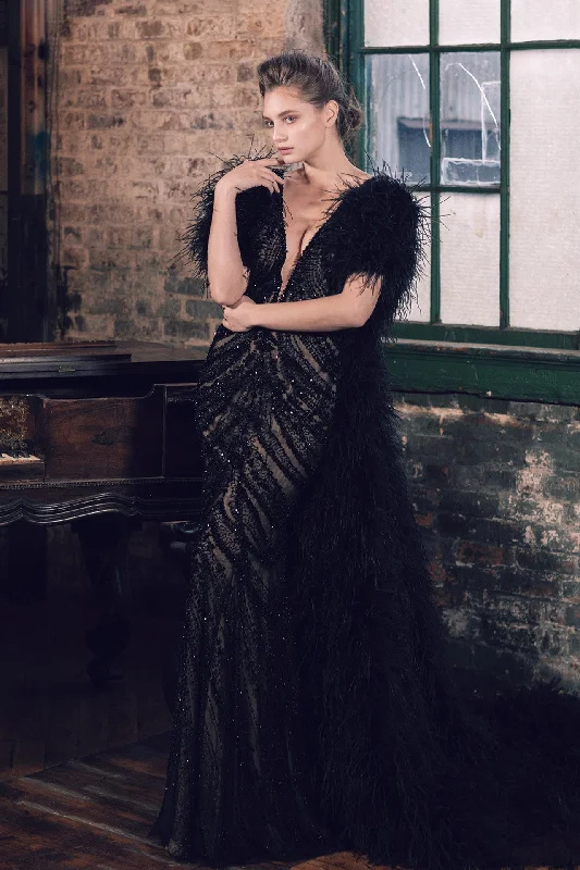Tulle beaded dress with feather cape Tunics Prom sequined