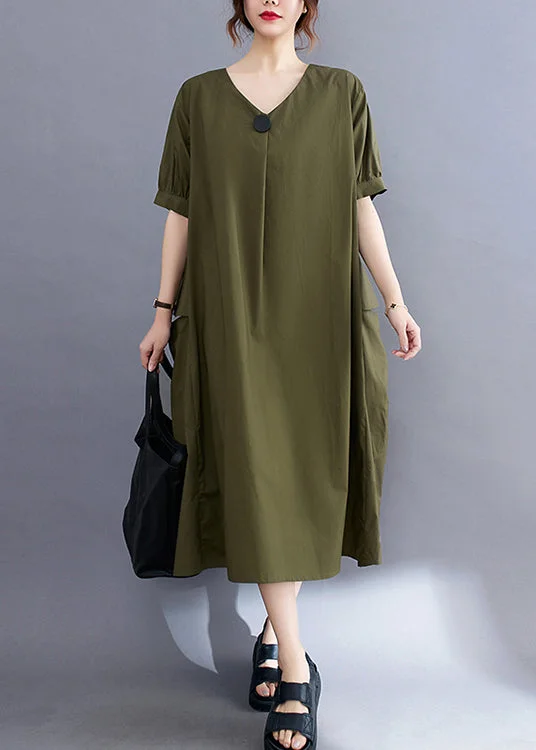 Style Army Green V Neck Pockets Cotton Long Dresses Summer Tunics Cozy soft