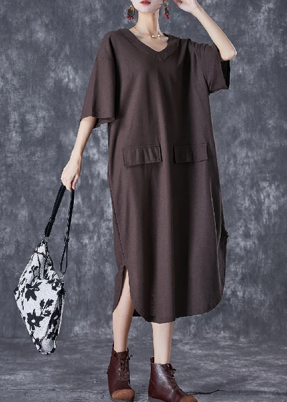 Style Chocolate Oversized Side Open Cotton Long Dress Summer Tunics Stylish elegant