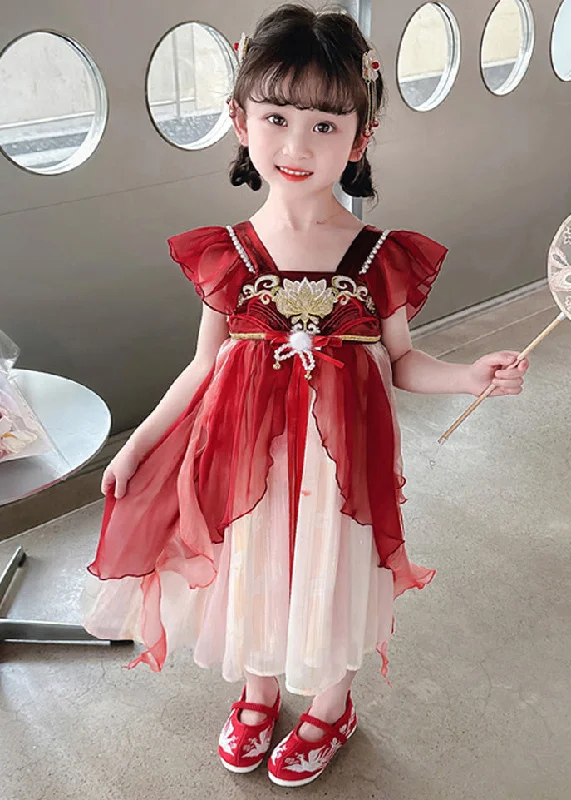 Stylish Red Square Collar Nail Bead Patchwork Chiffon Kids Long Dress Short Sleeve Tunics Timeless classic