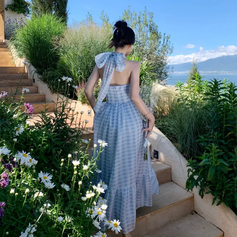 Summer Blue Plaid Maxi Women Dress Slim Backless Party Vacation Long Dress Female New Elegant Chic Prom Lady Chiffon Dress Tunics Office stylish Summer Blue Plaid Maxi Women Dress Slim Backless Party Vacation Long Dress Female New Elegant Chic Prom Lady Chiffon Dress Tunics Office stylish