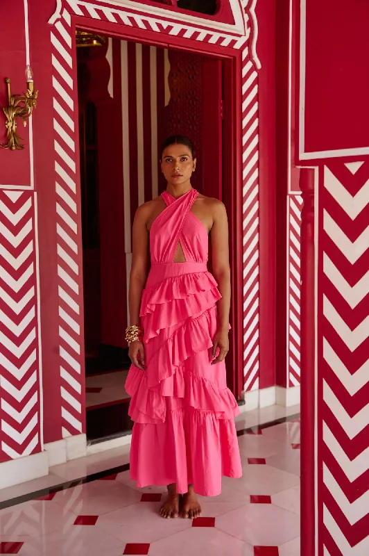 SUZETTE LONG DRESS NEON PINK Tunics Stylish elegant