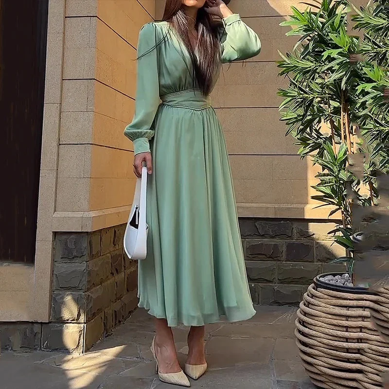 V-Neck Pleated Design High Waist Slim Dress Tunics Corduroy durable