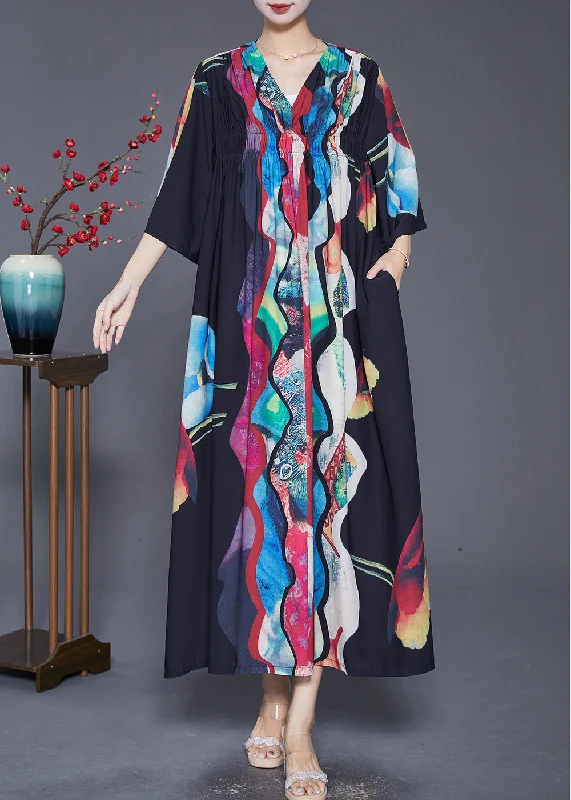Vintage Black Oversized Wrinkled Print Chiffon Long Dress Summer Off-the-shoulder Chic Trendy