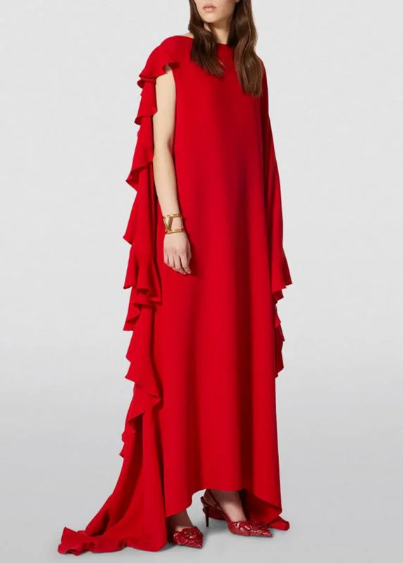 Vogue Red Ssymmetrical Ruffled Patchwork Chiffon Long Dresses Summer Tunics Business professional Vogue Red Ssymmetrical Ruffled Patchwork Chiffon Long Dresses Summer Tunics Business professional