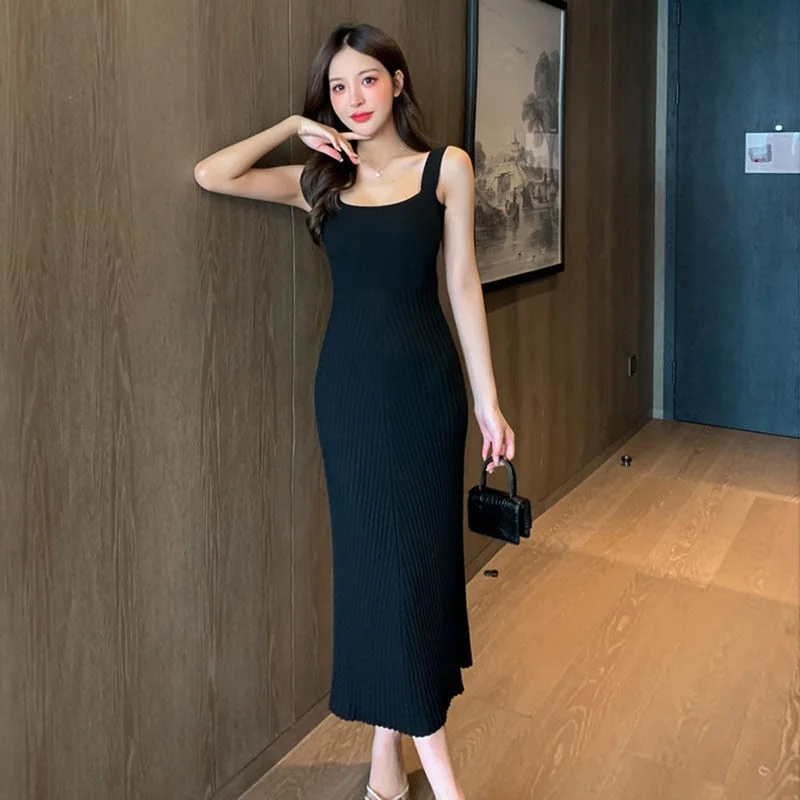 White Knitting Dress Summer 2021 Office Lady Elegant Spaghetti Strap Backless Long Dresses For Women Black Pink In Stock Tunics Mesh breathable White Knitting Dress Summer 2021 Office Lady Elegant Spaghetti Strap Backless Long Dresses For Women Black Pink In Stock Tunics Mesh breathable