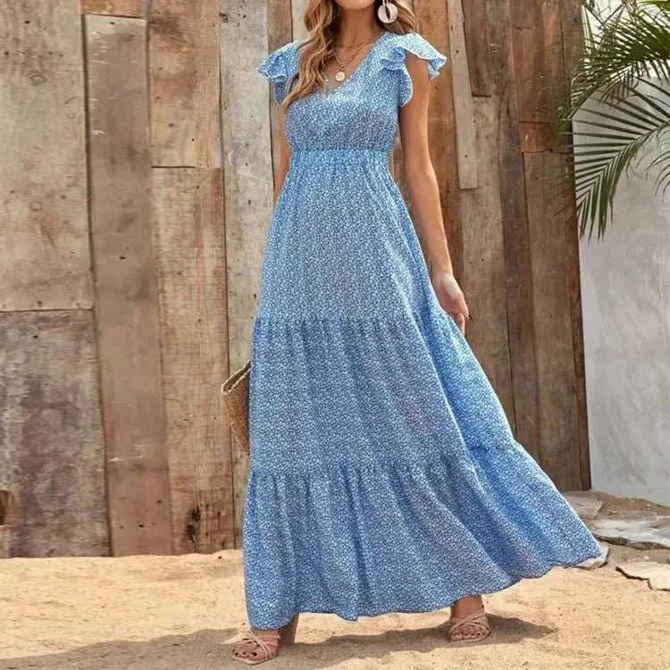 Bohemian V-neck High Waist Print Dress Tunics Velvet soft