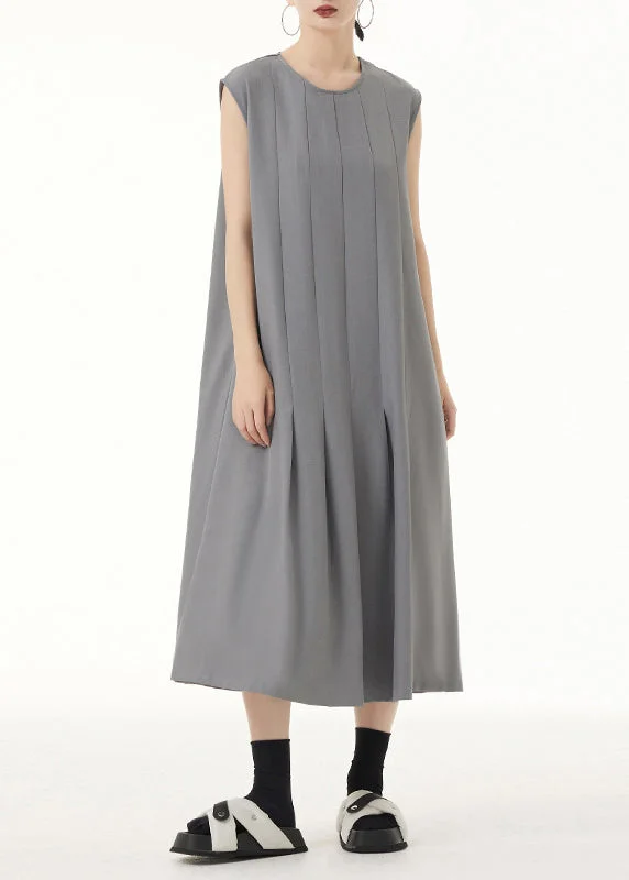 Women Grey O Neck Wrinkled Patchwork Spandex Long Dress Sleeveless Cowl Neckline Elegant Women Grey O Neck Wrinkled Patchwork Spandex Long Dress Sleeveless Cowl Neckline Elegant
