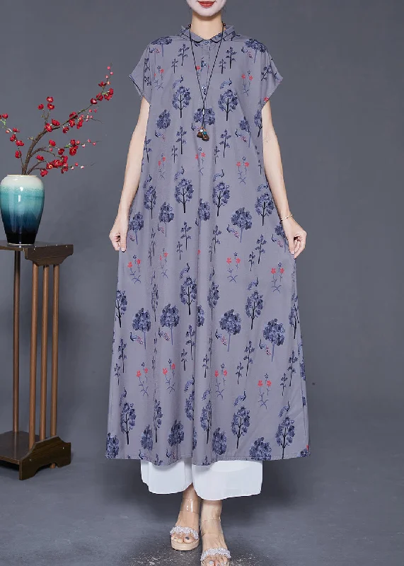 Women Grey Peter Pan Collar Print Silk Long Dress Summer Tunics Fashionable chic