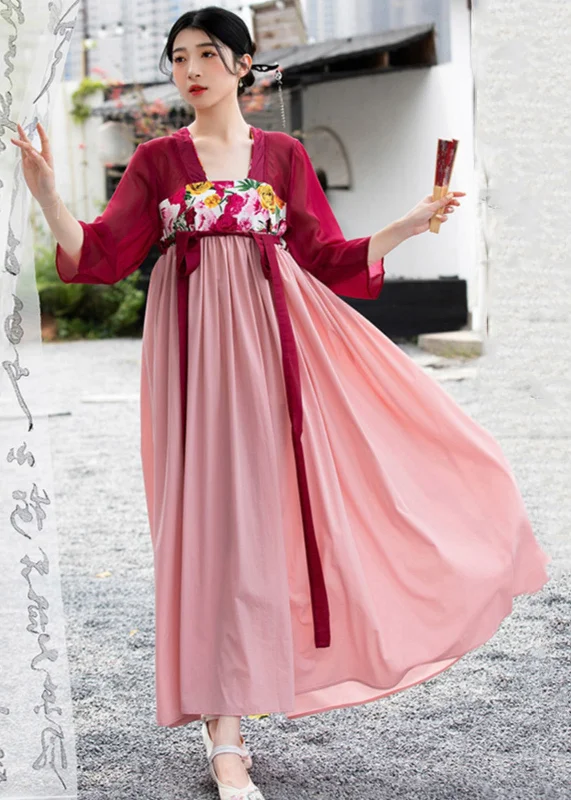 Women Red Embroideried Lace Up Wrinkled Patchwork Chiffon Long Dresses Summer Halter Neckline Beach