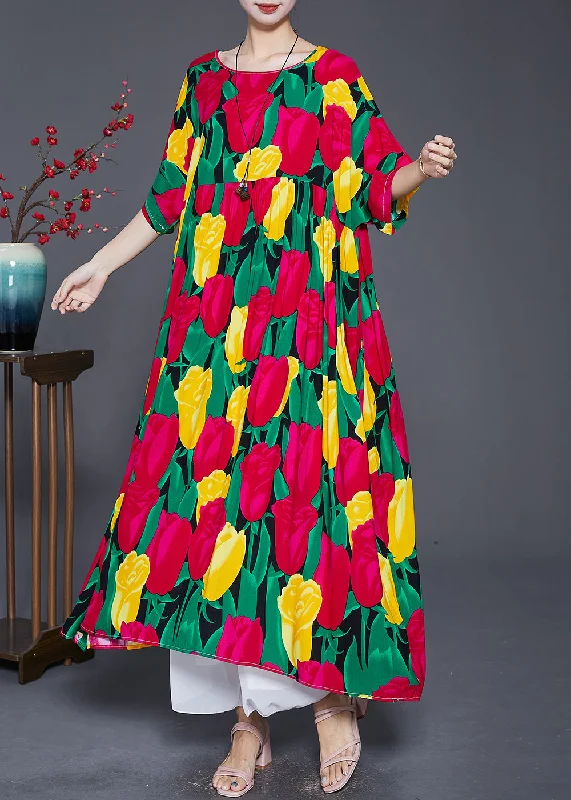 Women Red Oversized Print Cotton Long Dresses Summer Tunics Plaid country