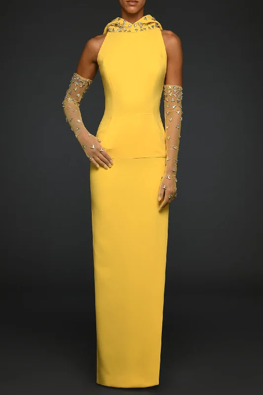 Yellow dress with embroidered hoodie and gloves Tunics Evening elegant