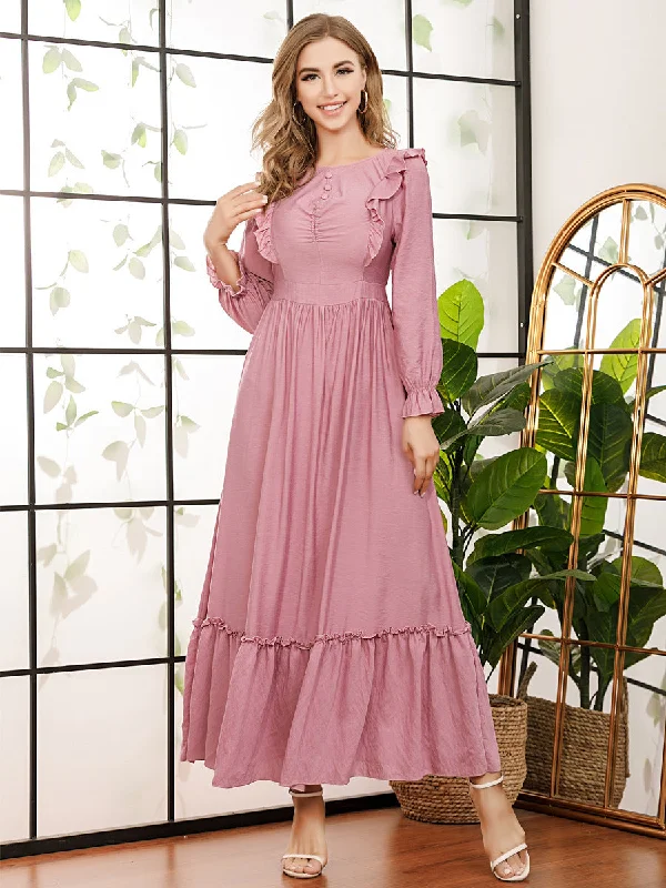 Youth Fashion round Neck Clinch Belt Slim Solid Color Stitching Dress Long Dress Maxi Tunics Sophisticated sleek Youth Fashion round Neck Clinch Belt Slim Solid Color Stitching Dress Long Dress Maxi Tunics Sophisticated sleek